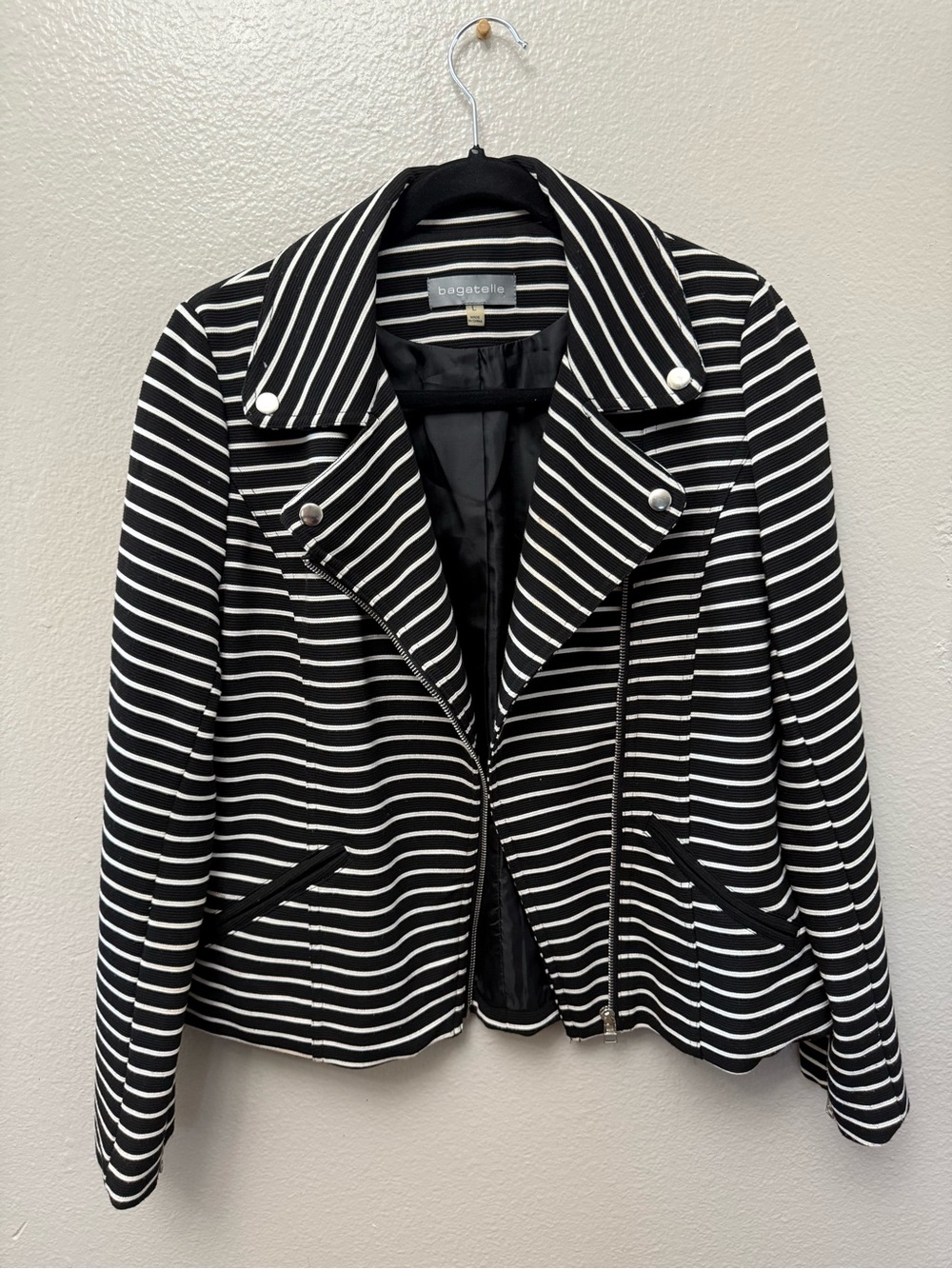 bagatelle Black and White Striped Moto-Style Blazer